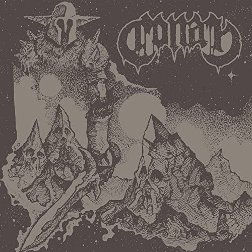 Conan album cover: sketched barbarian helmet and band logo in sepia tones.