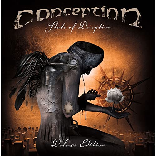 CD cover: dark, surreal image of a figure with a flower and gears.