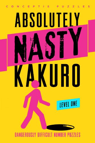 Yellow and pink Kakuro puzzle book cover with a stick figure.