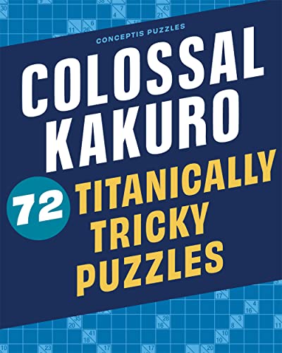 Kakuro puzzle book cover with large white text on a blue grid background.