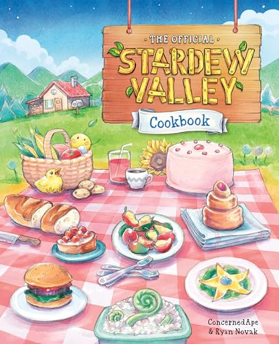 “The Official Stardew Valley Cookbook” cover with painted food and farm scene.
