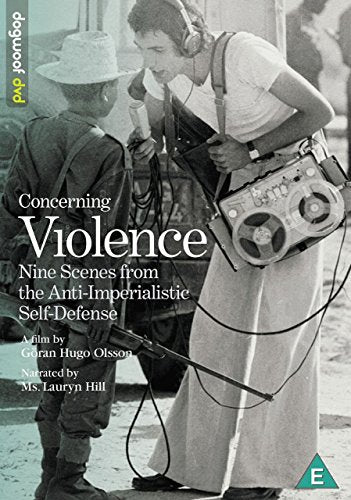DVD cover for "Concerning Violence" depicting a man with recording equipment.