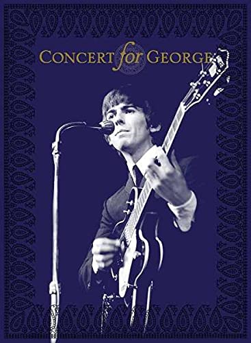 George Harrison playing guitar at a concert, album cover art.