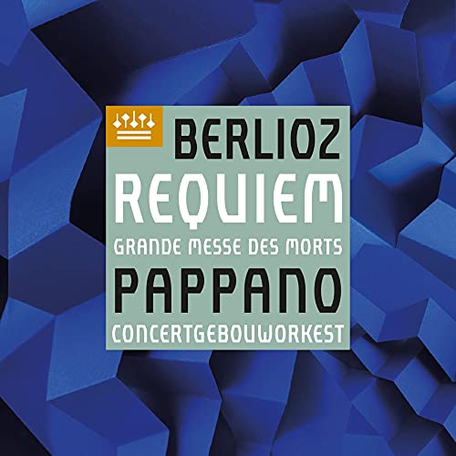 CD cover for Berlioz’s Requiem, featuring blue geometric shapes and text.