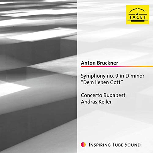 The image shows a CD cover with a grayscale background and black text. Key visual characteristics include a grayscale abstract design on the left side, a yellow logo in the top-right corner, and text listing the composer, symphony details, orchestra, and conductor. Alt text: "CD cover with grayscale abstract design and black text listing Bruckner's Symphony No. 9."