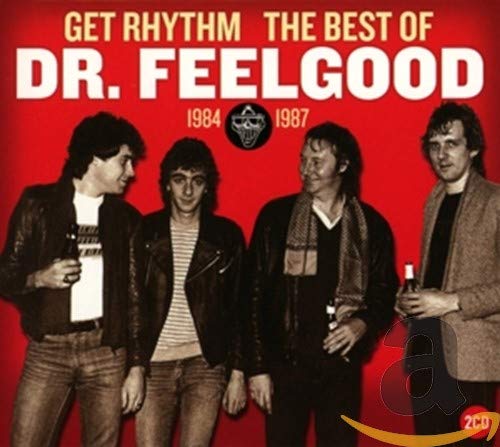 Dr. Feelgood band members on red album cover, 1984-1987 compilation.