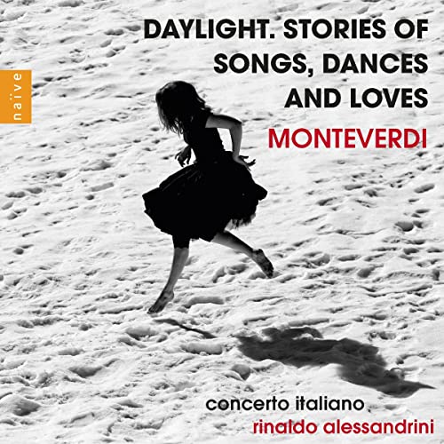 CD cover: woman dancing in snow, text “Daylight. Stories…” and “Monteverdi”.
