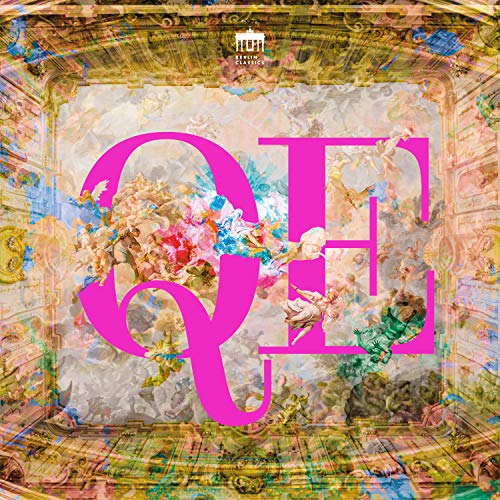 "Album cover with pink 'Q E H' letters on a colorful, ornate background."
