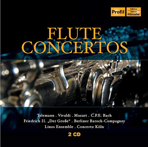 CD cover for "Flute Concertos" featuring a silver flute against a blue background.