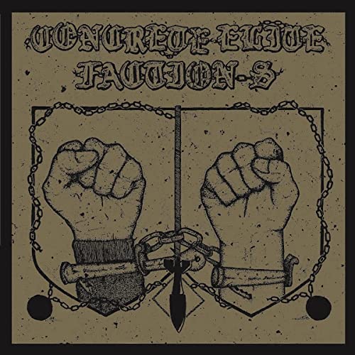 Vinyl record cover: fists in chains with a dagger, distressed texture.