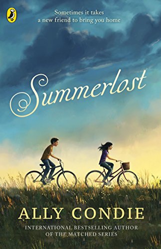 Book cover: "Summerlost" with two children riding bicycles in a field.