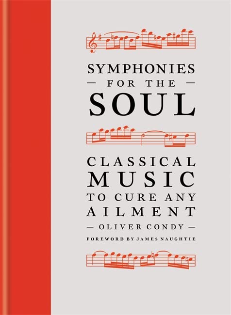 Book cover: red and white, musical notes, title “Symphonies for the Soul”.