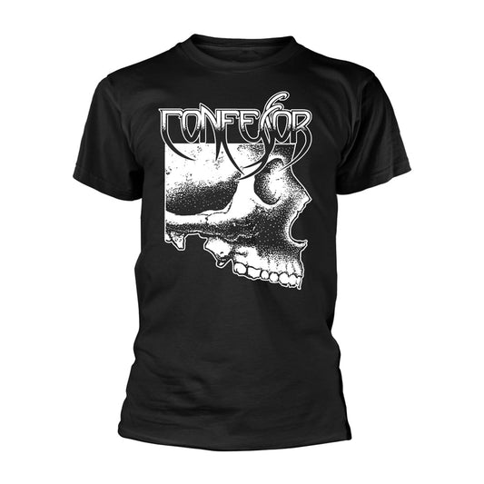 Black t-shirt with white "Confessor" band logo and skull graphic.
