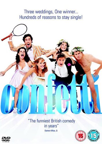 DVD cover for "Confetti" featuring a group in wedding attire.