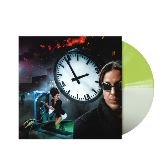 Album cover featuring a man in sunglasses, a clock, and a cityscape.