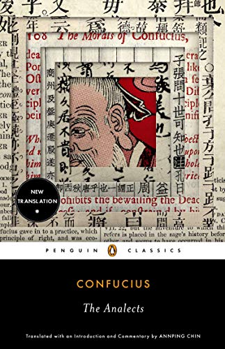 "Book cover with Confucius illustration, Chinese characters, and 'Penguin Classics' text on a black background."