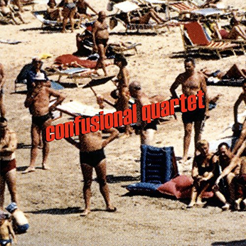 Beach scene with people and red text reading "confusional quartet".