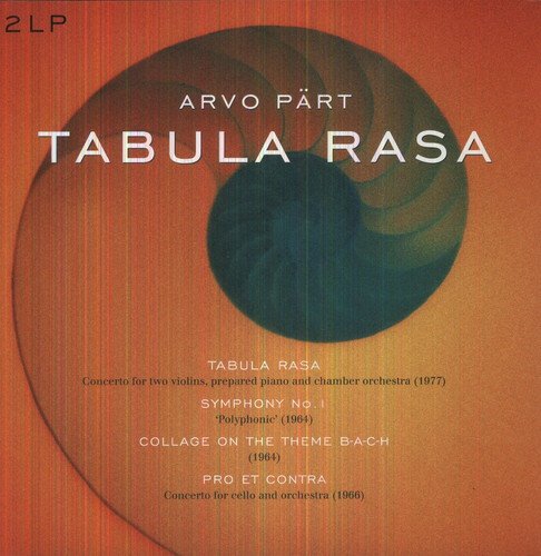 "Album cover with orange background, green spiral design, and white text listing musical compositions."