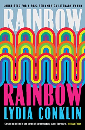 Book cover with repeating rainbow arches and bold pink title text.