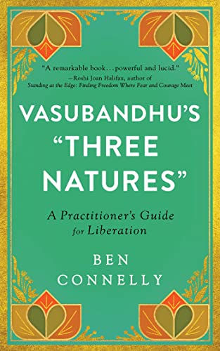 Book cover: "Vasubandhu's 'Three Natures'" with green background and gold floral designs.