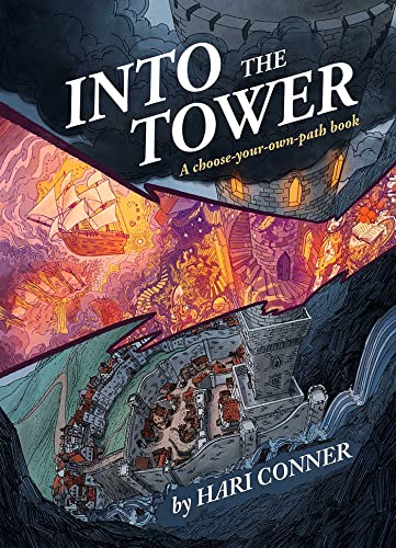 Book cover: “Into the Tower” with illustrated tower, ship, and fiery landscape.