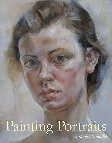 Oil painting of a woman’s face with book title “Painting Portraits”.