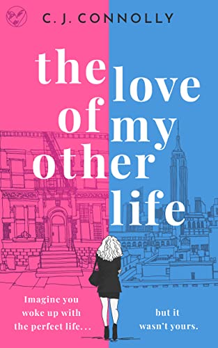Book cover: split pink and blue, woman facing city skyline.