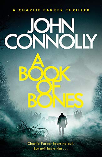 Book cover: dark forest, lone figure, yellow title "A Book of Bones".