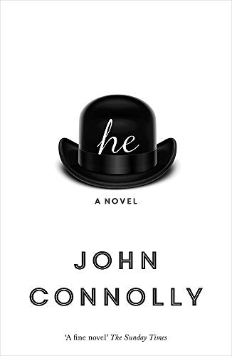 Book cover: black bowler hat with the title “he” in white script.