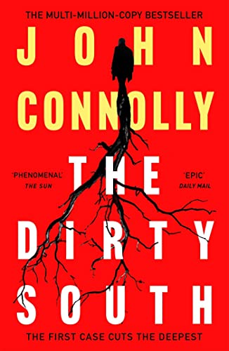 Book cover with a red background, black tree roots, and a small dark figure.