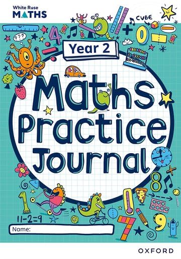 Cover of White Rose Maths Year 2 practice journal with colorful cartoon doodles and text.