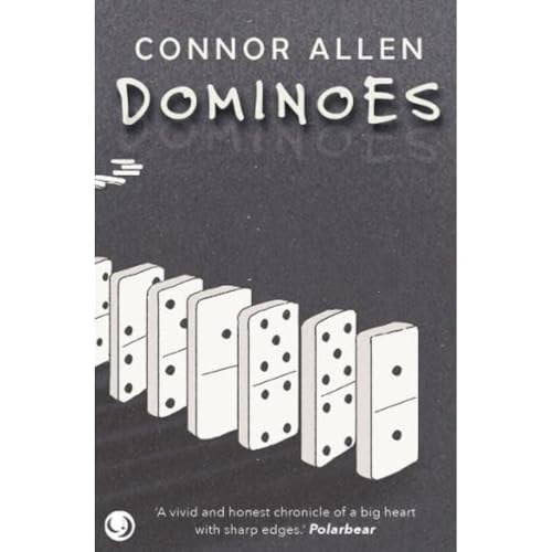 Book cover for "Dominoes" featuring a line of white dominoes.