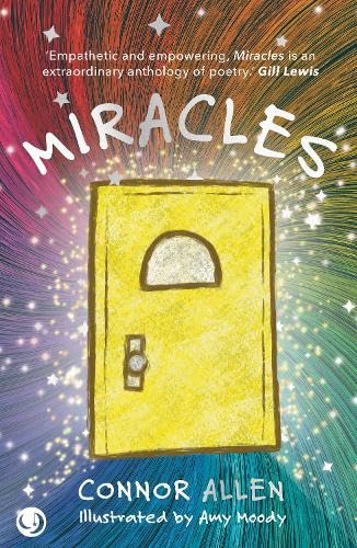 Book cover with a yellow, illustrated open book and colorful, starry background.