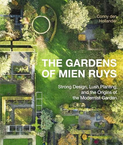 Aerial view of a geometrically designed garden with green lawns and trees.