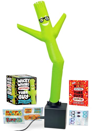 Bright green inflatable tube man with sunglasses, shown with box and accessories.