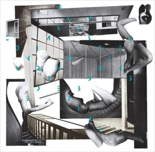 "Black and white collage album cover featuring distorted human figures and numbered blue arrows."