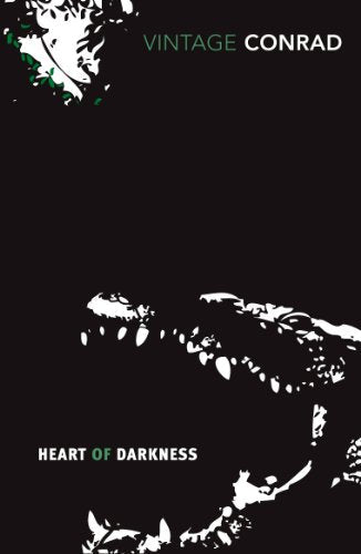 Book cover for Heart of Darkness featuring a white silhouette of a crocodile on black.