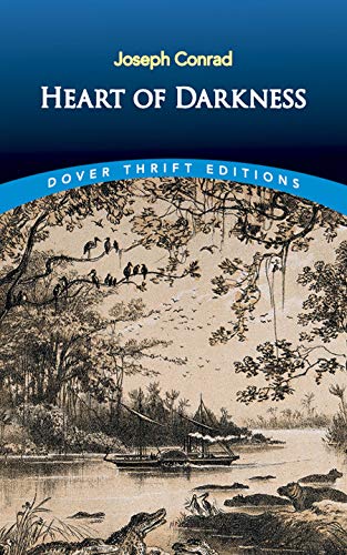 Book cover: "Heart of Darkness" with jungle scene and river boat.