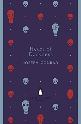 "Dark blue book cover with skull pattern and 'Heart of Darkness' title."