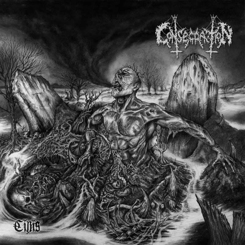 Black and white album cover depicting a tormented figure in a desolate landscape.