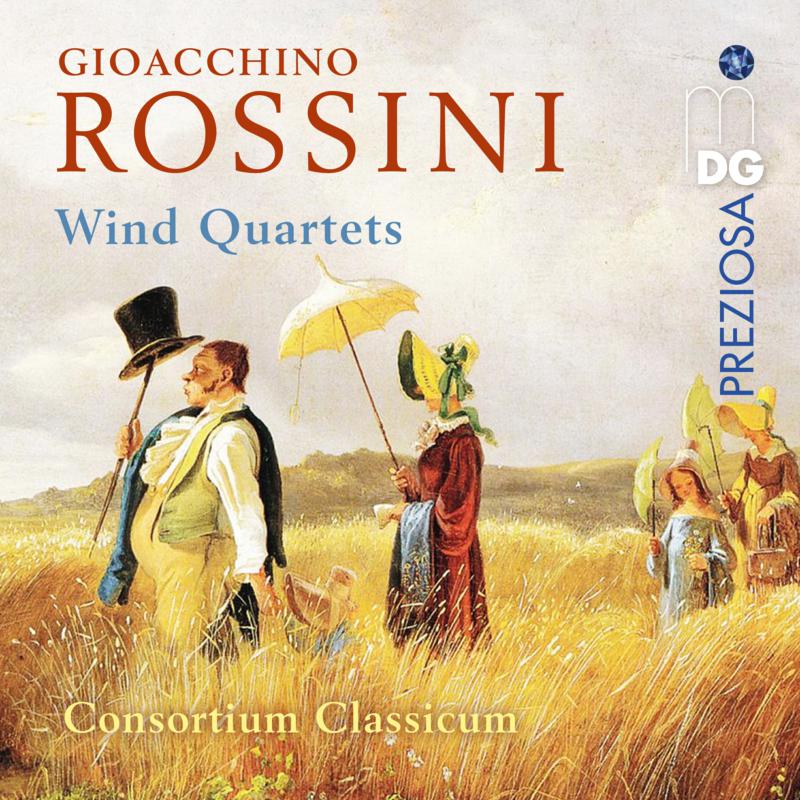 CD cover for Rossini Wind Quartets, featuring figures in a field.
