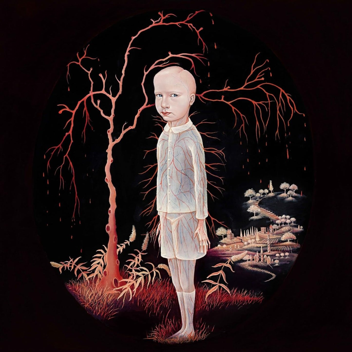 Pale child stands before a tree and distant townscape, dark background.