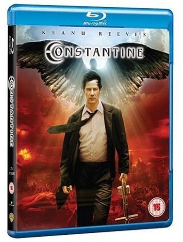 “Constantine” Blu-ray cover featuring Keanu Reeves with angel wings and city background.