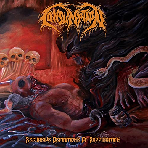 "Album cover art depicting a gruesome, gore-filled scene with a corpse and skulls."
