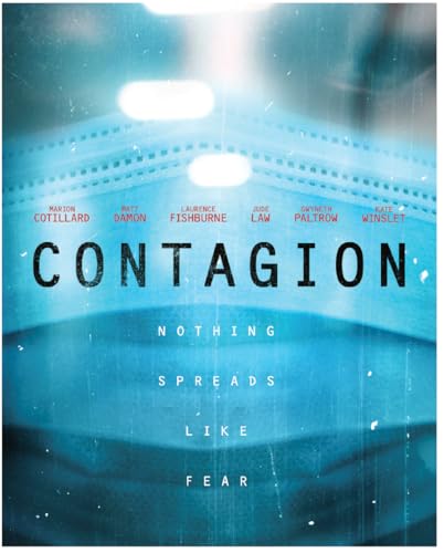 Blu-ray cover for "Contagion" featuring a surgical mask and cast names.