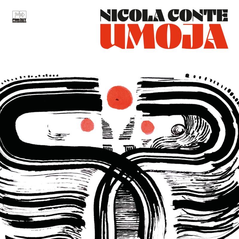 Album cover for Nicola Conte’s “Umoja” with abstract black and red shapes.