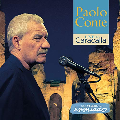 "CD cover featuring Paolo Conte singing into a microphone, ancient ruins in background."