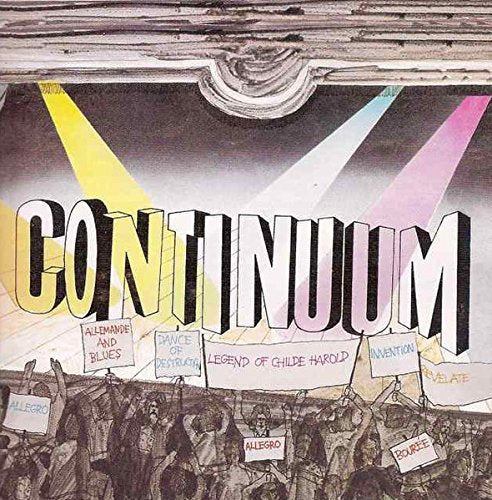 Album cover for "Continuum" with bold text and colorful light beams.