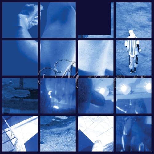 Blue-toned album cover with fragmented images of people and objects.