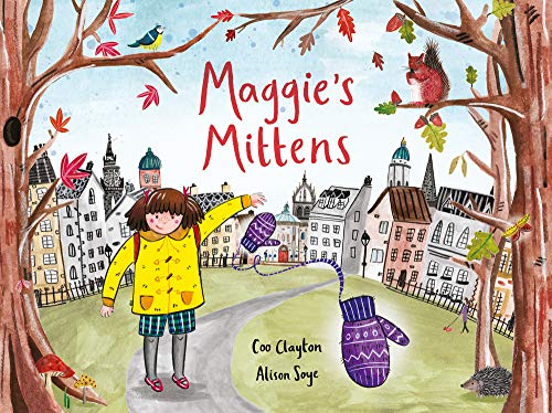 Book cover: girl in yellow coat, lost mittens, town background.